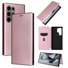 Custodia per cellulare in pelle flip con texture in fibra di carbonio per Samsung Galaxy S24 Ultra 5G (rosa)