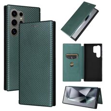 Custodia per cellulare in pelle flip con texture in fibra di carbonio per Samsung Galaxy S24 Ultra 5G (verde)