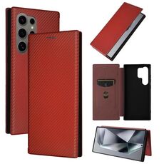 Custodia per cellulare in pelle flip con texture in fibra di carbonio per Samsung Galaxy S24 Ultra 5G (marrone)
