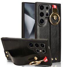 Custodia per telefono posteriore in pelle con cinturino per Samsung Galaxy S24 Ultra 5G (nera)