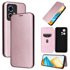 Custodia per cellulare in pelle flip con texture in fibra di carbonio per Honor 90 GT (rosa)