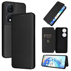 Custodia per cellulare in pelle flip con texture in fibra di carbonio per Honor X7b (nera)