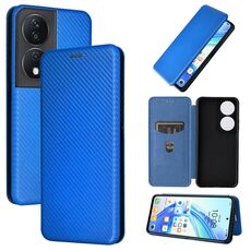 Custodia per cellulare in pelle flip con texture in fibra di carbonio per Honor X7b (blu)