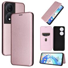 Custodia per cellulare in pelle flip con texture in fibra di carbonio per Honor X7b (rosa)