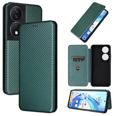 Custodia per cellulare in pelle flip con texture in fibra di carbonio per Honor X7b (verde)