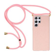 Per Samsung Galaxy S24 Ultra 5G Materiale in paglia di grano + Custodia in TPU con cordino (rosa)