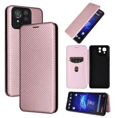 Custodia per cellulare in pelle flip con texture in fibra di carbonio per ASUS ROG Phone 8 Pro (rosa)