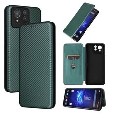 Custodia per telefono in pelle flip con texture in fibra di carbonio per ASUS ROG Phone 8 Pro (verde)