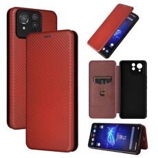 Custodia per telefono in pelle flip con texture in fibra di carbonio per ASUS ROG Phone 8 Pro (marrone)