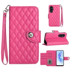 Custodia per cellulare in pelle con texture rombica per Honor 90 Lite con cordino (rosa rossa)