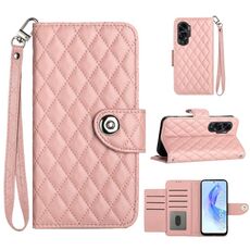 Custodia per cellulare in pelle con texture rombica per Honor 90 Lite con cordino (rosa corallo)