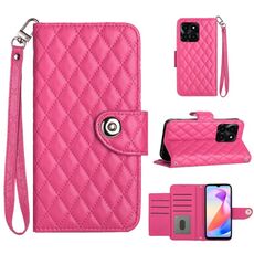 Custodia per cellulare in pelle con texture rombica per Honor X6a con cordino (rosa rossa)