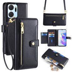 Per Honor X7a Lite Custodia per cellulare in pelle con cerniera a tracolla con texture di pecora (nera)