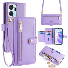 Per Honor X7a Lite Custodia per cellulare in pelle con cerniera a tracolla con texture di pecora (viola)