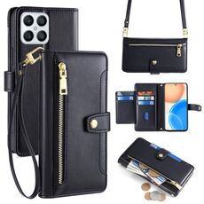 Per Honor X8 Lite Custodia per cellulare in pelle con cerniera a tracolla con texture di pecora (nera)