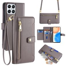Per Honor X8 Lite Custodia per cellulare in pelle con cerniera a tracolla con texture di pecora (grigio)