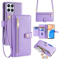 Per Honor X8 Lite Custodia per cellulare in pelle con cerniera a tracolla con texture di pecora (viola)