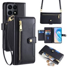 Per Honor X8a Lite Custodia per cellulare in pelle con cerniera a tracolla con texture di pecora (nera)