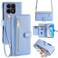 Per Honor X8a Lite Custodia per cellulare in pelle con cerniera a tracolla con texture di pecora (blu)