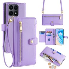 Per Honor X8a Lite Custodia per cellulare in pelle con cerniera a tracolla con texture di pecora (viola)