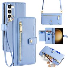 Per Samsung Galaxy S23+ 5G Custodia per telefono in pelle con cerniera a tracolla con texture pecora (blu)