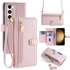 Per Samsung Galaxy S23+ 5G Custodia per telefono in pelle con cerniera a tracolla con trama di pecora (rosa)