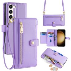 Per Samsung Galaxy S23+ 5G Custodia per telefono in pelle con cerniera a tracolla con trama di pecora (viola)