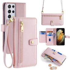 Per Samsung Galaxy S21 Ultra 5G Lite Custodia per telefono in pelle con cerniera a tracolla con trama di pecora (rosa)