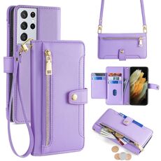 Per Samsung Galaxy S21 Ultra 5G Lite Custodia per telefono in pelle con cerniera a tracolla con trama di pecora (viola)