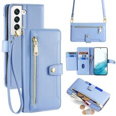 Per Samsung Galaxy S22 5G Custodia per telefono in pelle con cerniera a tracolla con trama di pecora (blu)