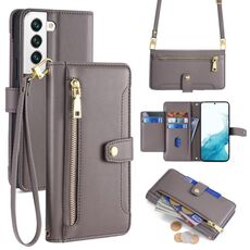 Per Samsung Galaxy S22 5G Custodia per telefono in pelle con cerniera a tracolla con trama di pecora (grigio)