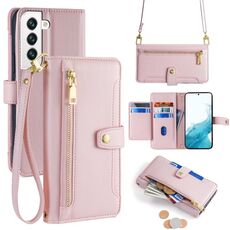 Per Samsung Galaxy S22 5G Custodia per telefono in pelle con cerniera a tracolla con trama di pecora (rosa)