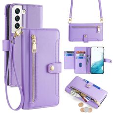 Per Samsung Galaxy S22 5G Custodia per telefono in pelle con cerniera a tracolla con trama di pecora (viola)