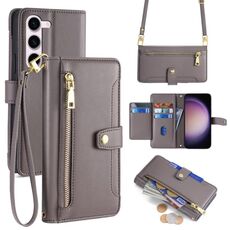Per Samsung Galaxy S23 5G Custodia per telefono in pelle con cerniera a tracolla con trama di pecora (grigio)