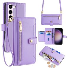 Per Samsung Galaxy S23 5G Custodia per telefono in pelle con cerniera a tracolla con trama di pecora (viola)