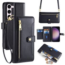 Per Samsung Galaxy S24 5G Custodia per telefono in pelle con cerniera a tracolla con texture pecora (Nero)