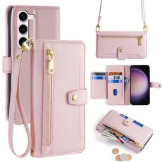 Per Samsung Galaxy S24+ 5G Custodia per telefono in pelle con cerniera a tracolla con trama di pecora (rosa)
