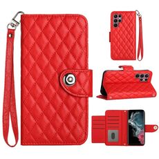 Custodia per cellulare in pelle con texture rombica per Samsung Galaxy S22 Ultra 5G con cordino (rosso)