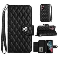 Custodia per cellulare in pelle con texture rombica per Samsung Galaxy S22 Ultra 5G con cordino (nero)