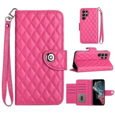 Custodia per cellulare in pelle con texture rombica per Samsung Galaxy S22 Ultra 5G con cordino (rosa rosso)