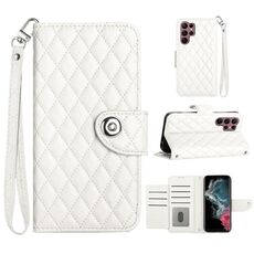 Custodia per cellulare in pelle con texture rombica per Samsung Galaxy S22 Ultra 5G con cordino (bianca)