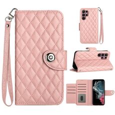 Custodia per cellulare in pelle con texture rombica per Samsung Galaxy S22 Ultra 5G con cordino (rosa corallo)