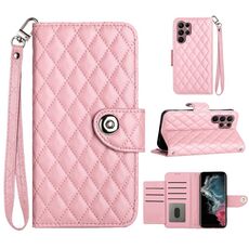 Custodia per cellulare in pelle con texture rombica per Samsung Galaxy S22 Ultra 5G con cordino (rosa)