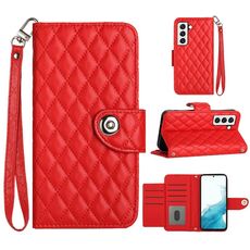 Per Samsung Galaxy S23+ 5G Custodia per telefono in pelle con texture rombica con cordino (Rosso)