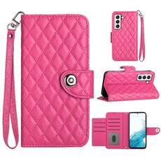 Custodia per cellulare in pelle con texture rombica per Samsung Galaxy S23+ 5G con cordino (rosa rosso)
