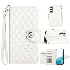 Custodia per cellulare in pelle con texture rombica per Samsung Galaxy S23+ 5G con cordino (bianca)