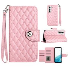 Custodia per cellulare in pelle con texture rombica per Samsung Galaxy S23+ 5G con cordino (rosa)
