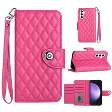 Custodia per cellulare in pelle con texture rombica per Samsung Galaxy S24 5G con cordino (rosa rosso)