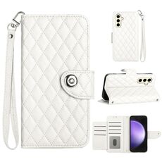 Custodia per cellulare in pelle con texture rombica per Samsung Galaxy S24 5G con cordino (bianco)