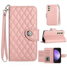 Custodia per cellulare in pelle con texture rombica per Samsung Galaxy S24 5G con cordino (rosa corallo)